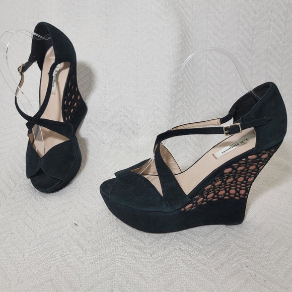 L.K. Bennett Rea Peep Toe Black Suede High Wedge Sandals Nude Lace Size 40 US 10 - Picture 2 of 15
